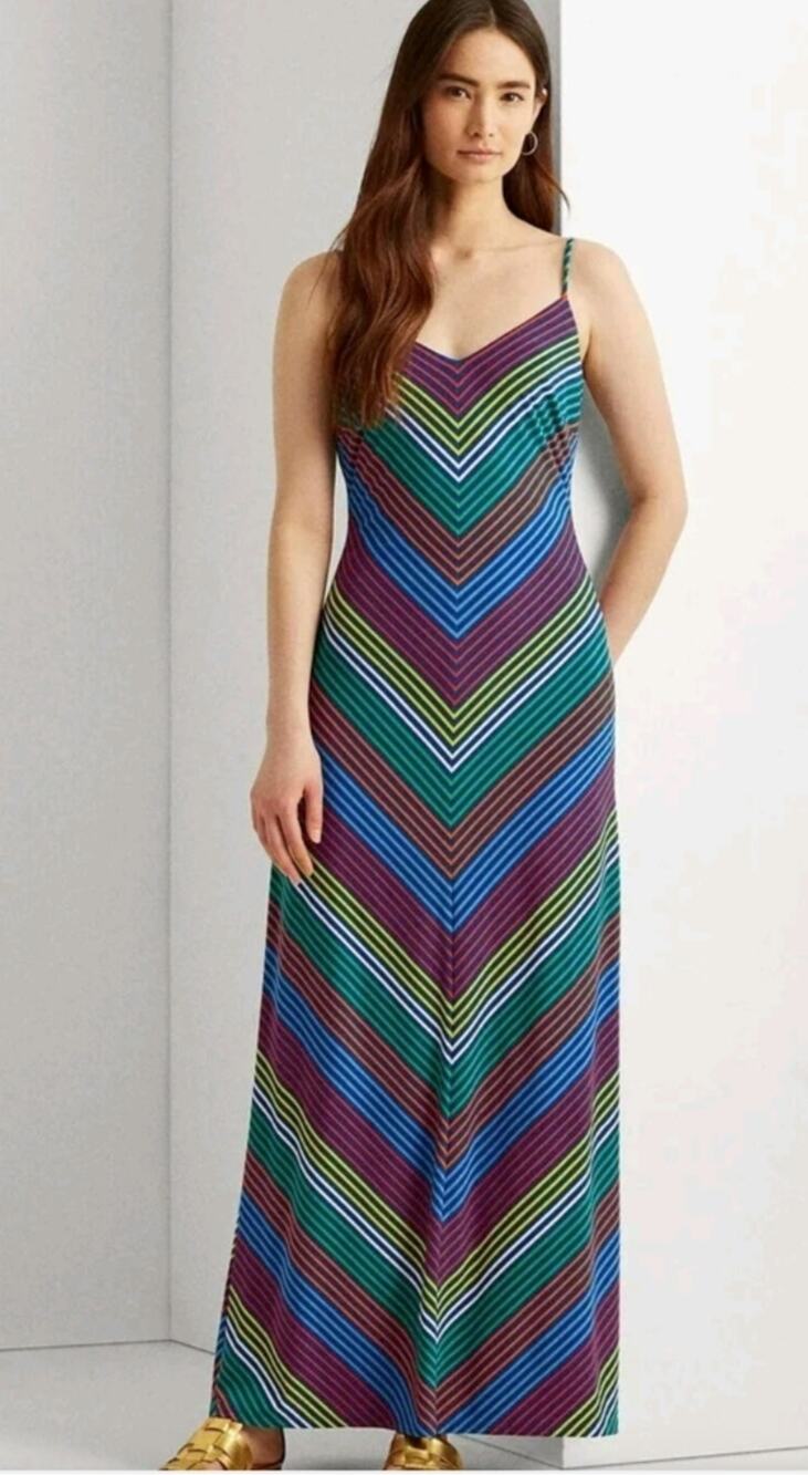 5732) Lauren Ralph Lauren Multicolor Chevron Summer Jersey Maxi Dress Medium